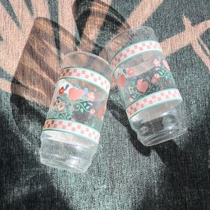 Vintage Floral Glass Tea Glasses/Tumblers - Pink and Green Set Of 2